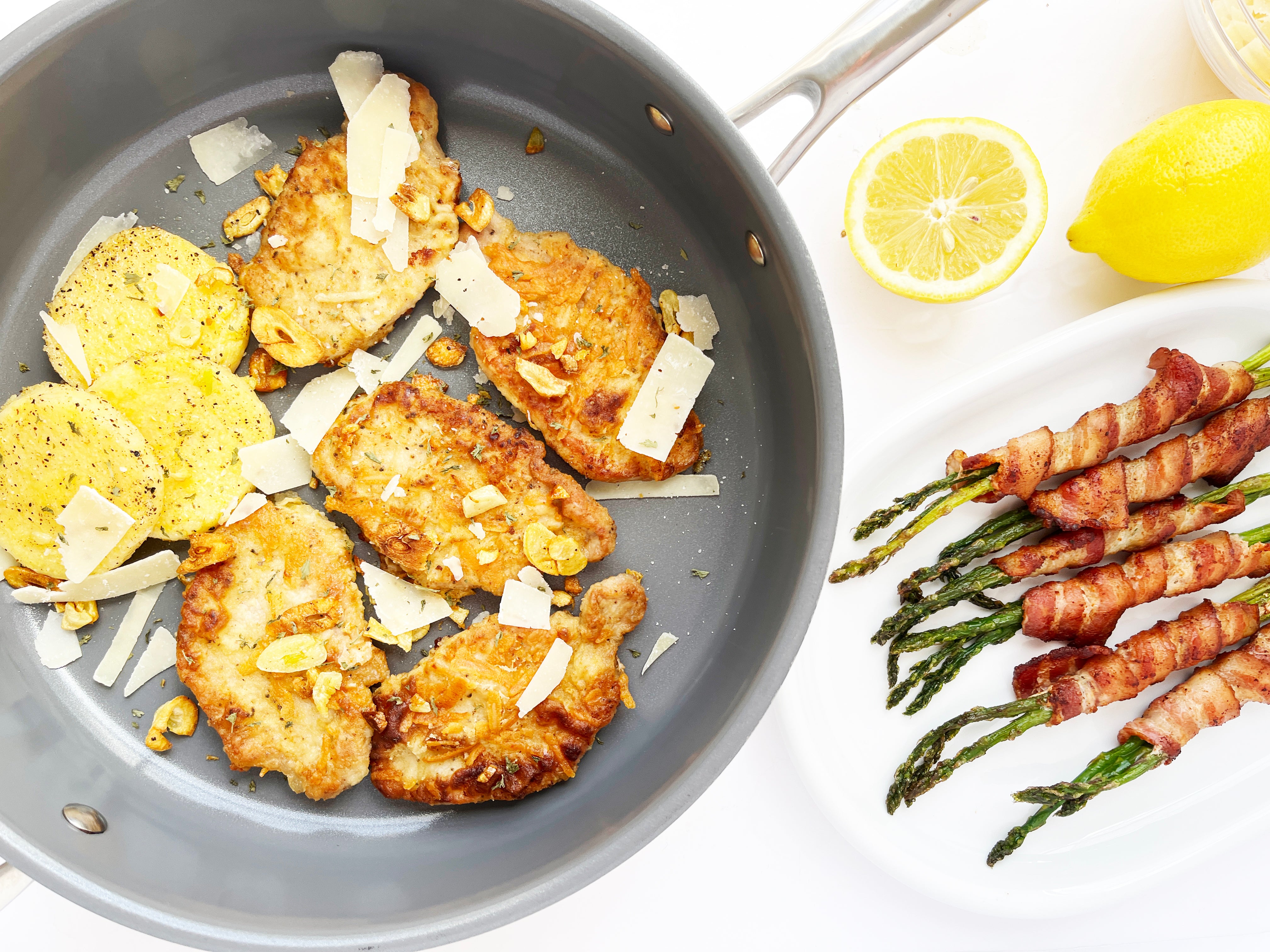Parmesan Pork with Bacon-Wrapped Asparagus and Polenta – Chantal