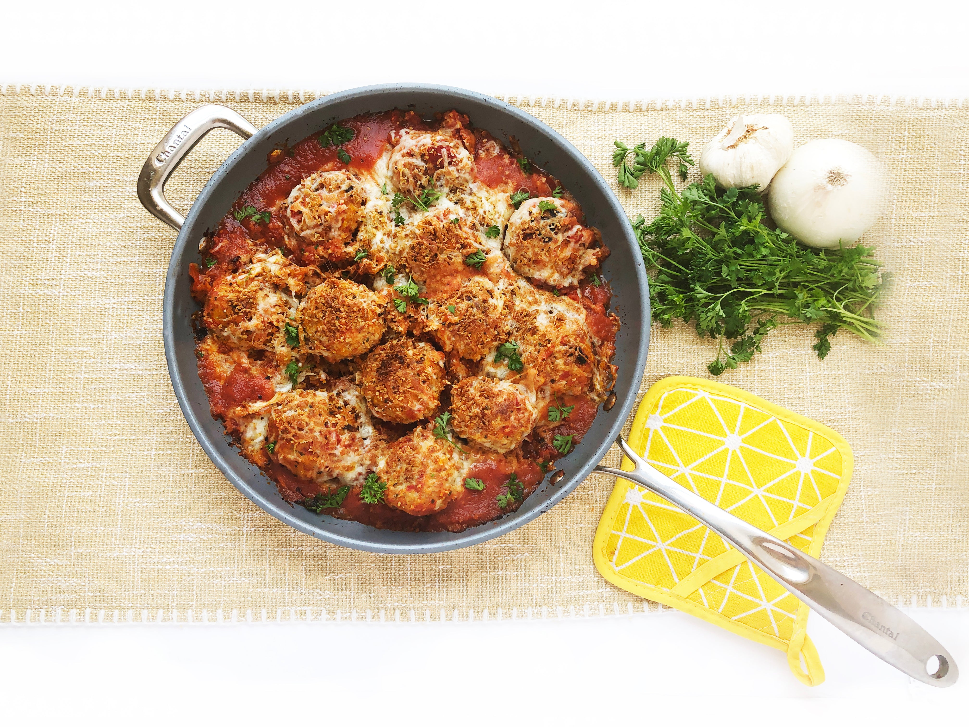 Skillet Chicken Meatball Parmesan