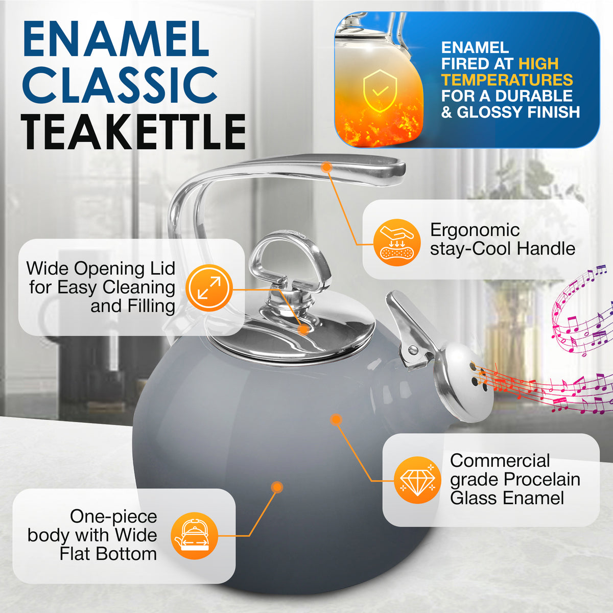 Chantal 2 qt. Enamel-on-Steel Anniversary Teakettle - Fog Grey