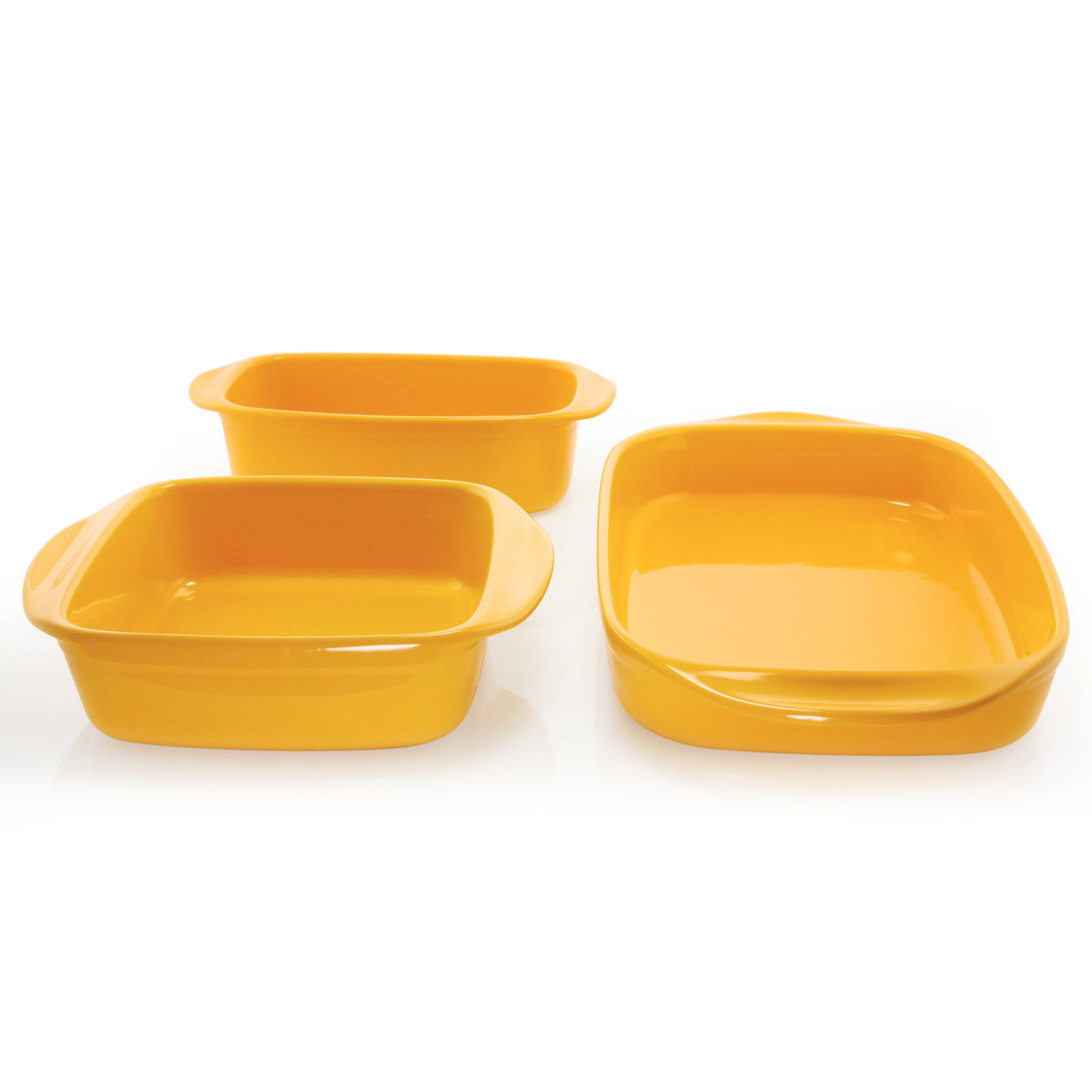 3 piece ceramic bakeware set square rectangular and loaf pan in marigold yellow
