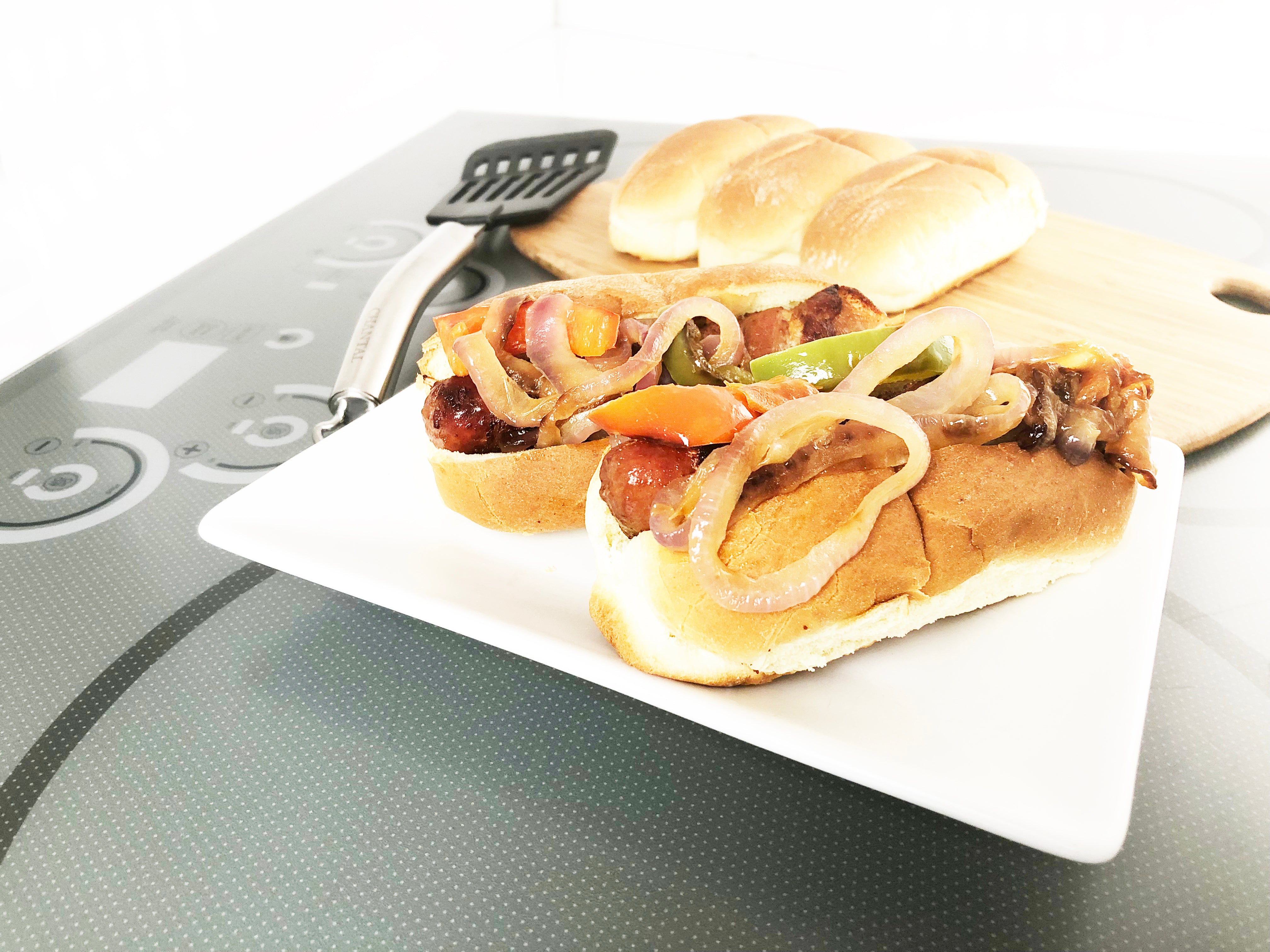 Bacon Wrapped Hot Dogs with Grilled Peppers