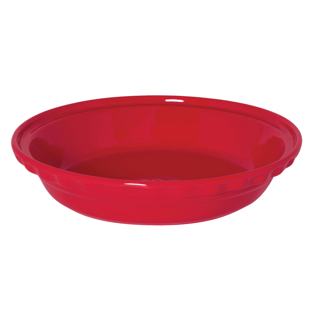 Red ceramic pie dish on a white background