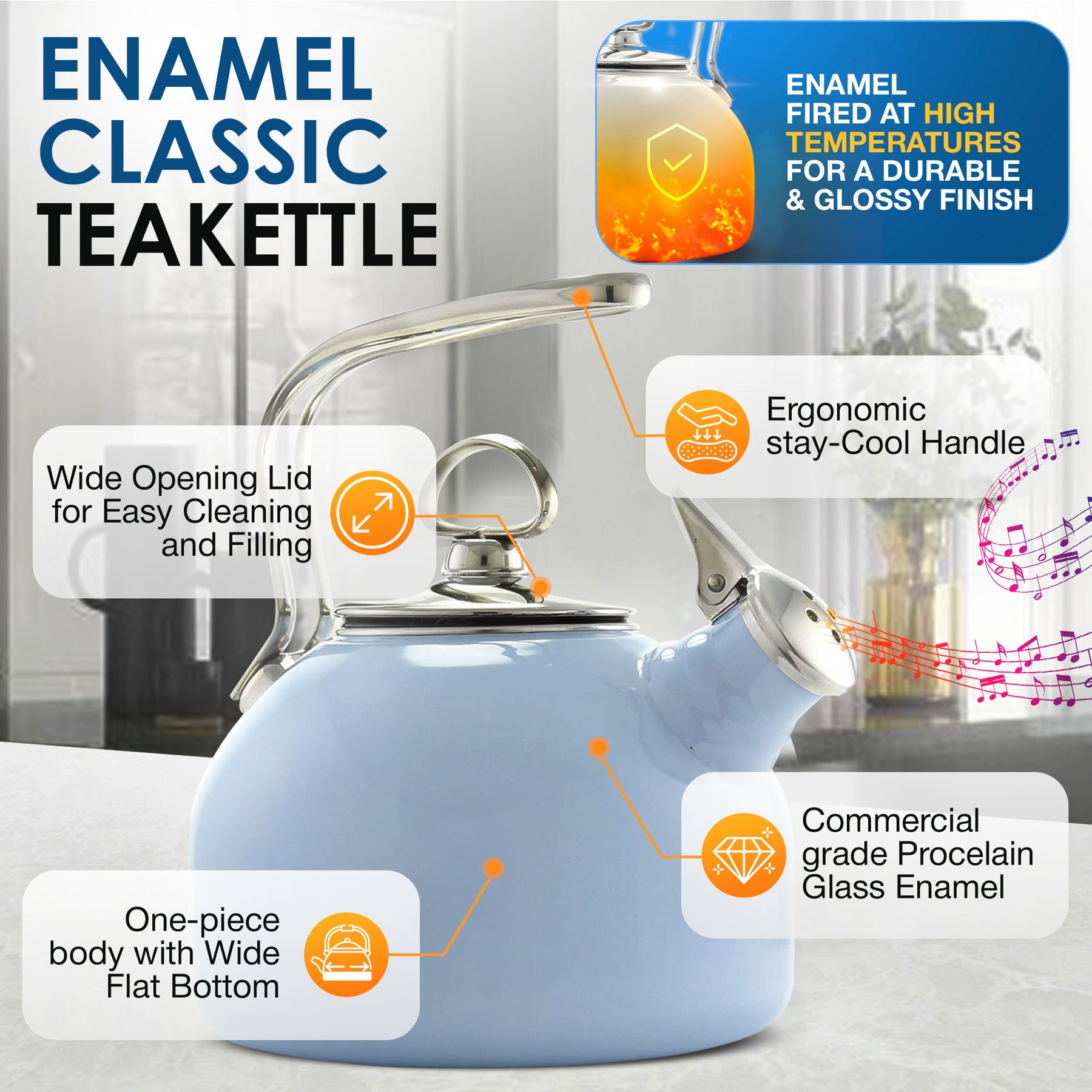 Chantal 45 Oz Enamel-on-Steel Sven Tea Kettle w/ Wood Handle (Glacier Blue)