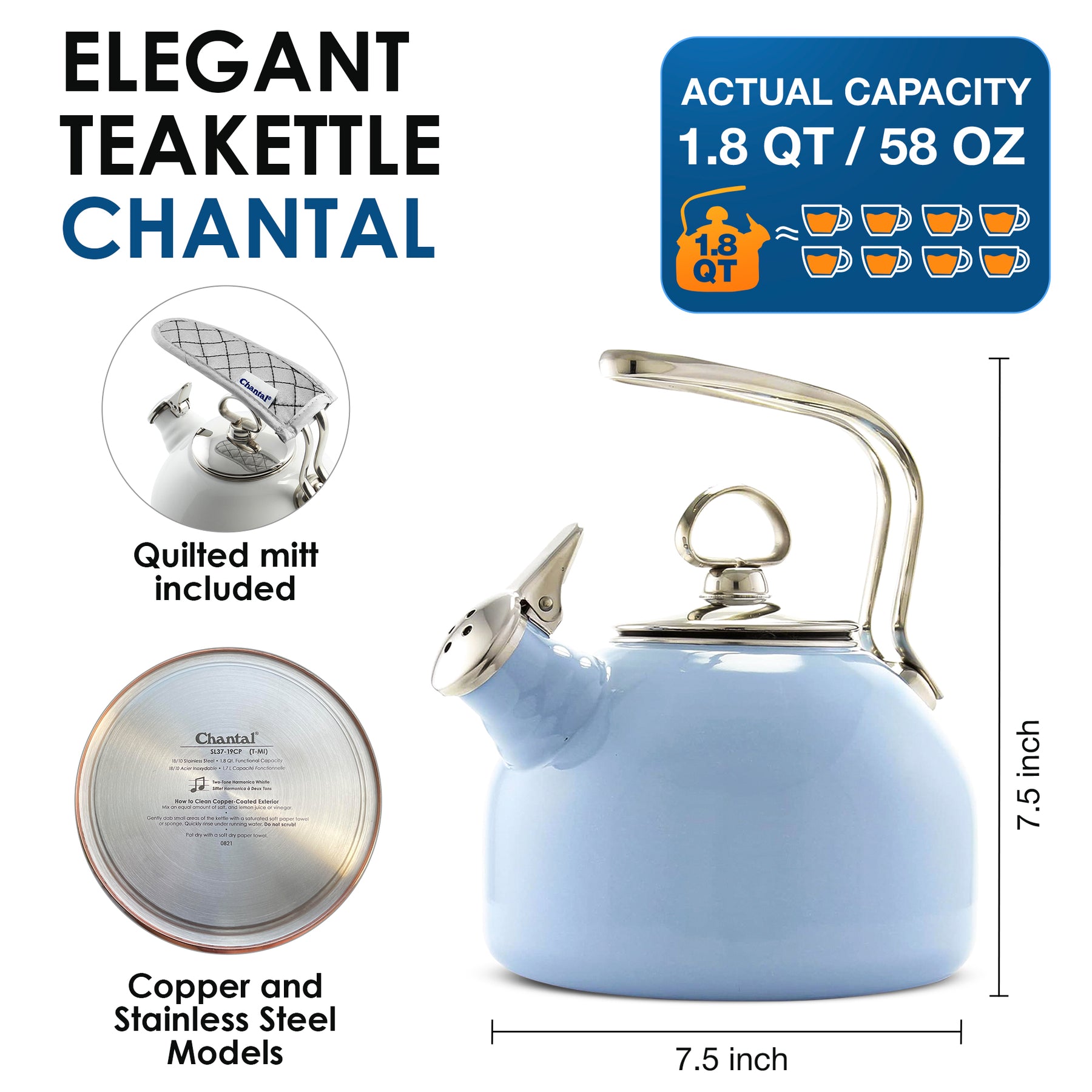Chantal 1.8 Qt Enamel on Steel LOOP Teakettle - Glacier Blue