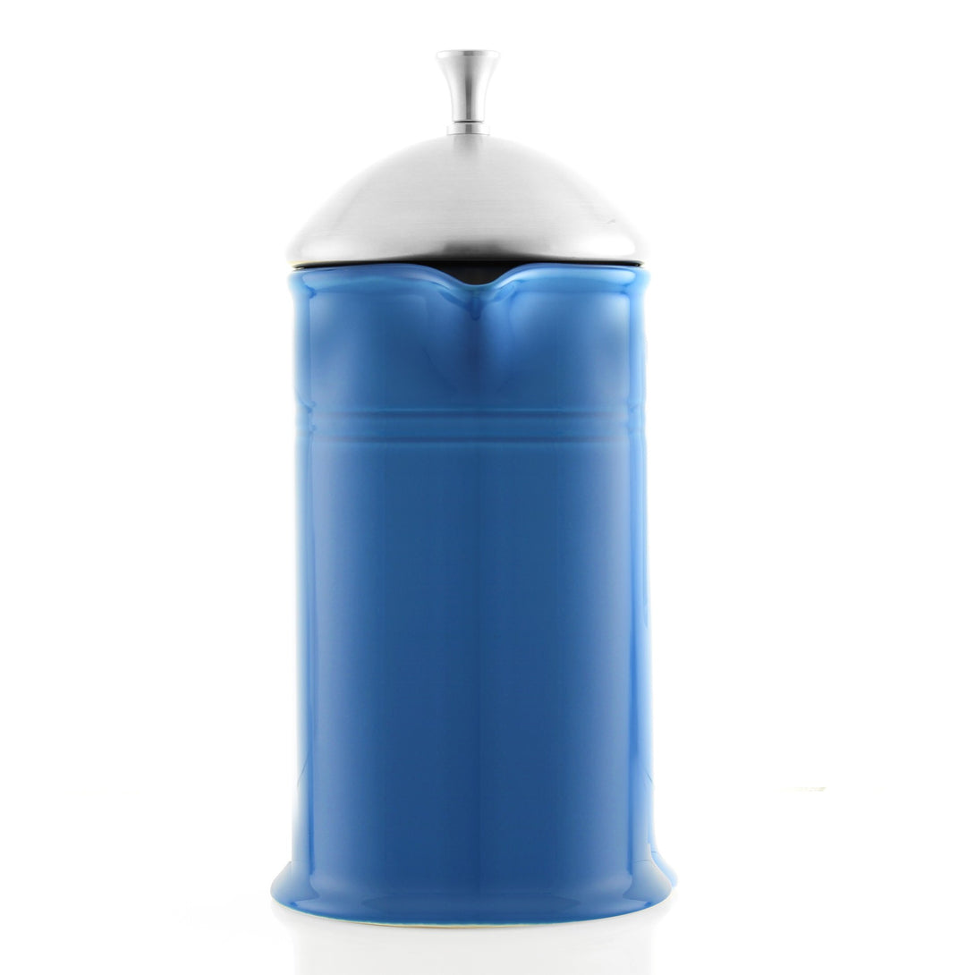 front view of ceramic french press with stainless steel plunger in blue