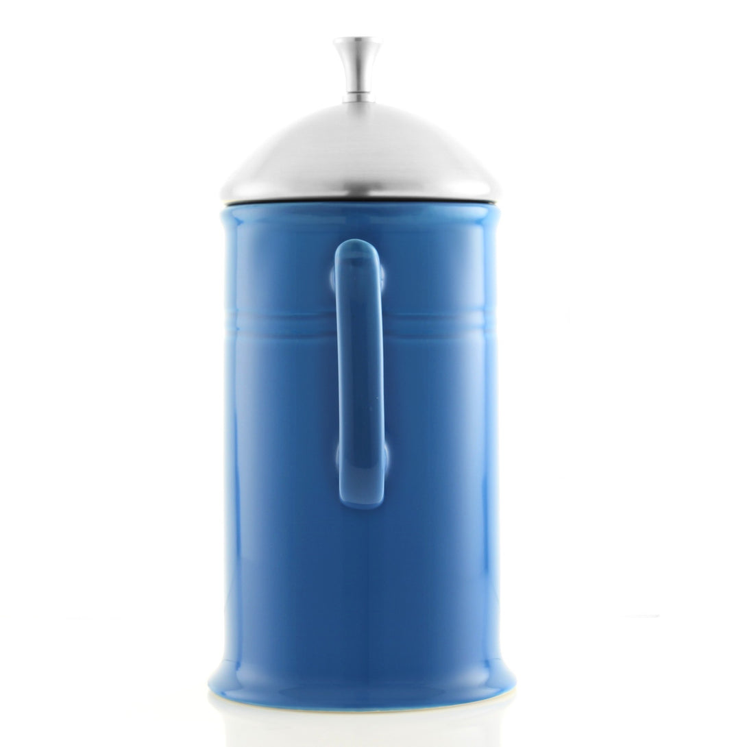 back view of ceramic french press with stainless steel plunger in blue