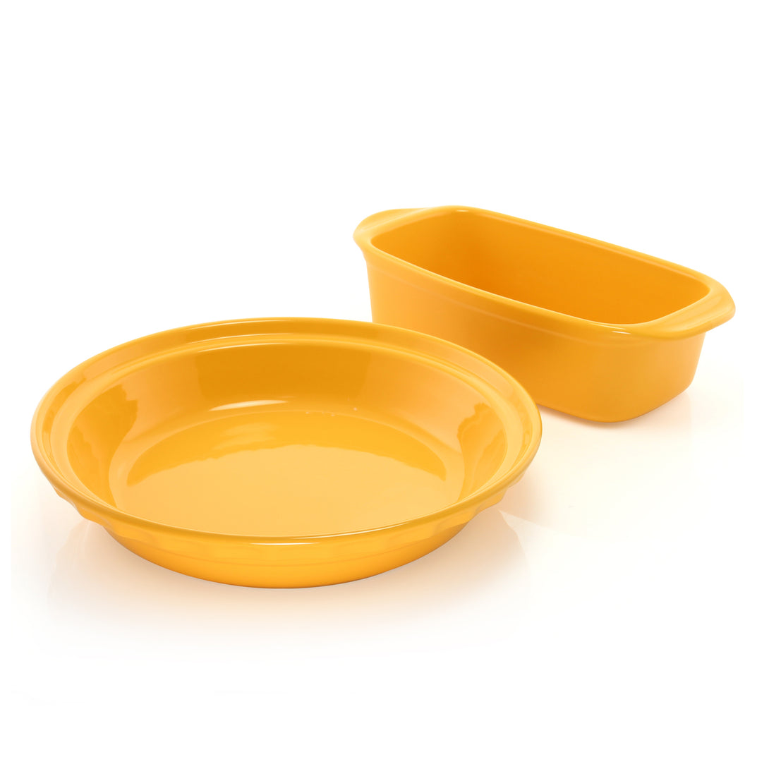 simple baker set with loaf pan and deep dish pie dish in marigold yellow