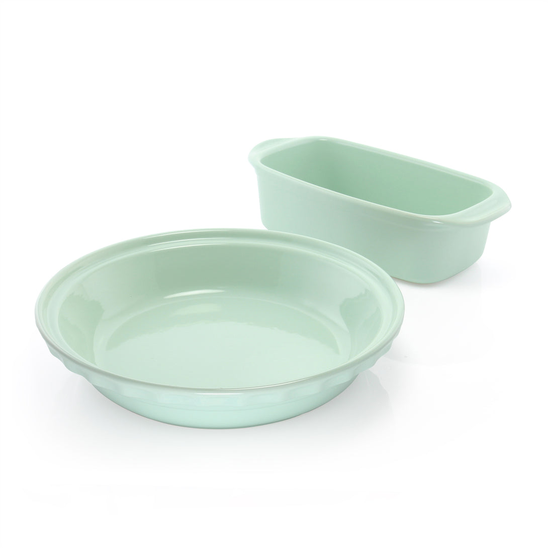 simple baker set with loaf pan and deep dish pie dish in sage green
