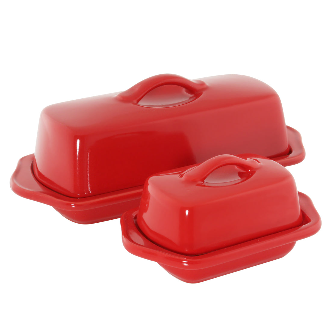 red set of mini and full size butter dishes