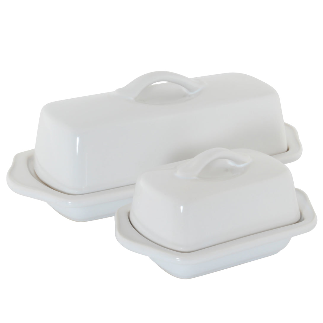 white set of mini and full size butter dishes