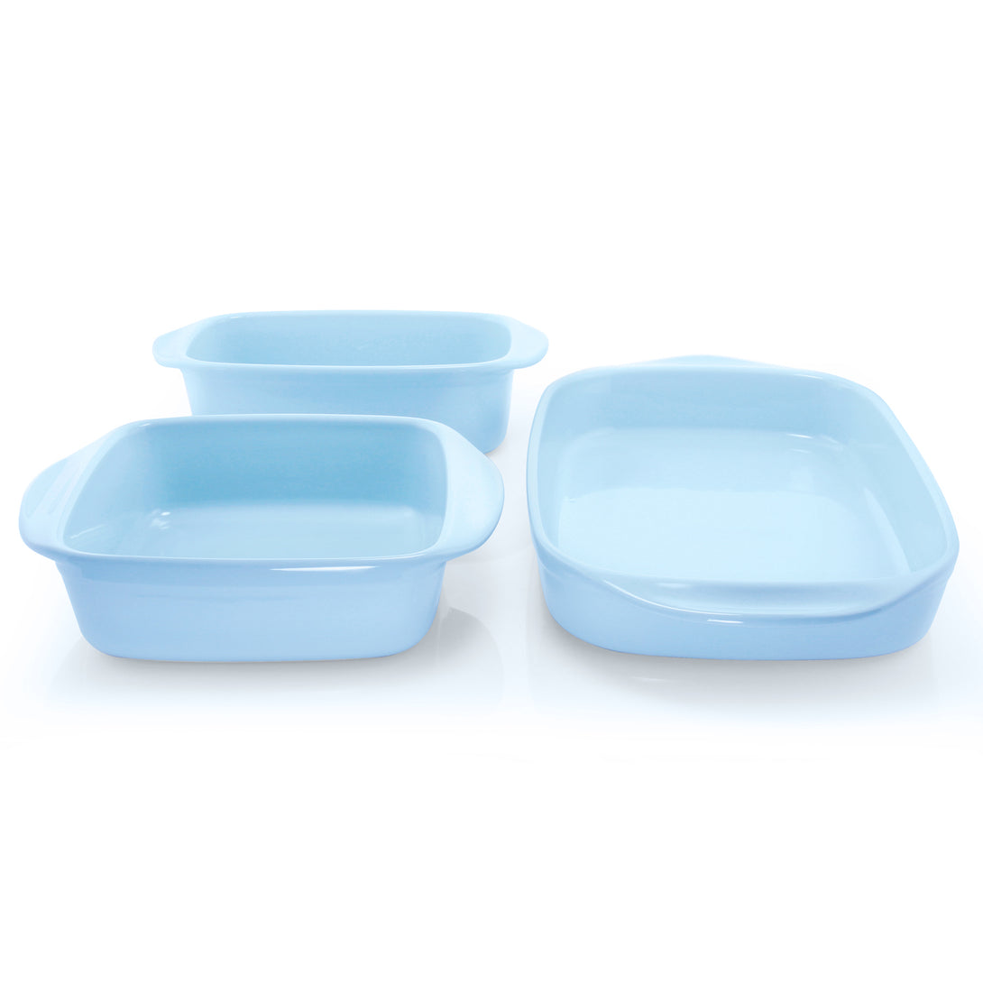 3 piece ceramic bakeware set square rectangular and loaf pan in glacier blue