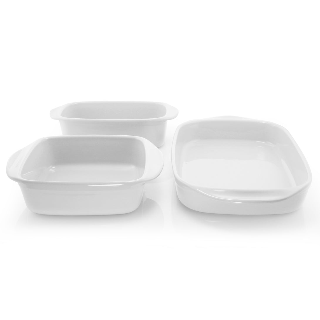 3 piece ceramic bakeware set square rectangular and loaf pan in white
