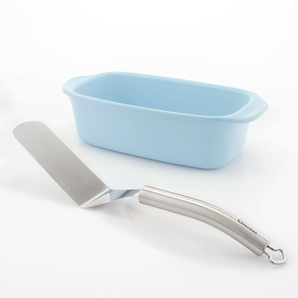 bread baking set with loaf pan and narrow spatula in glacier bluw