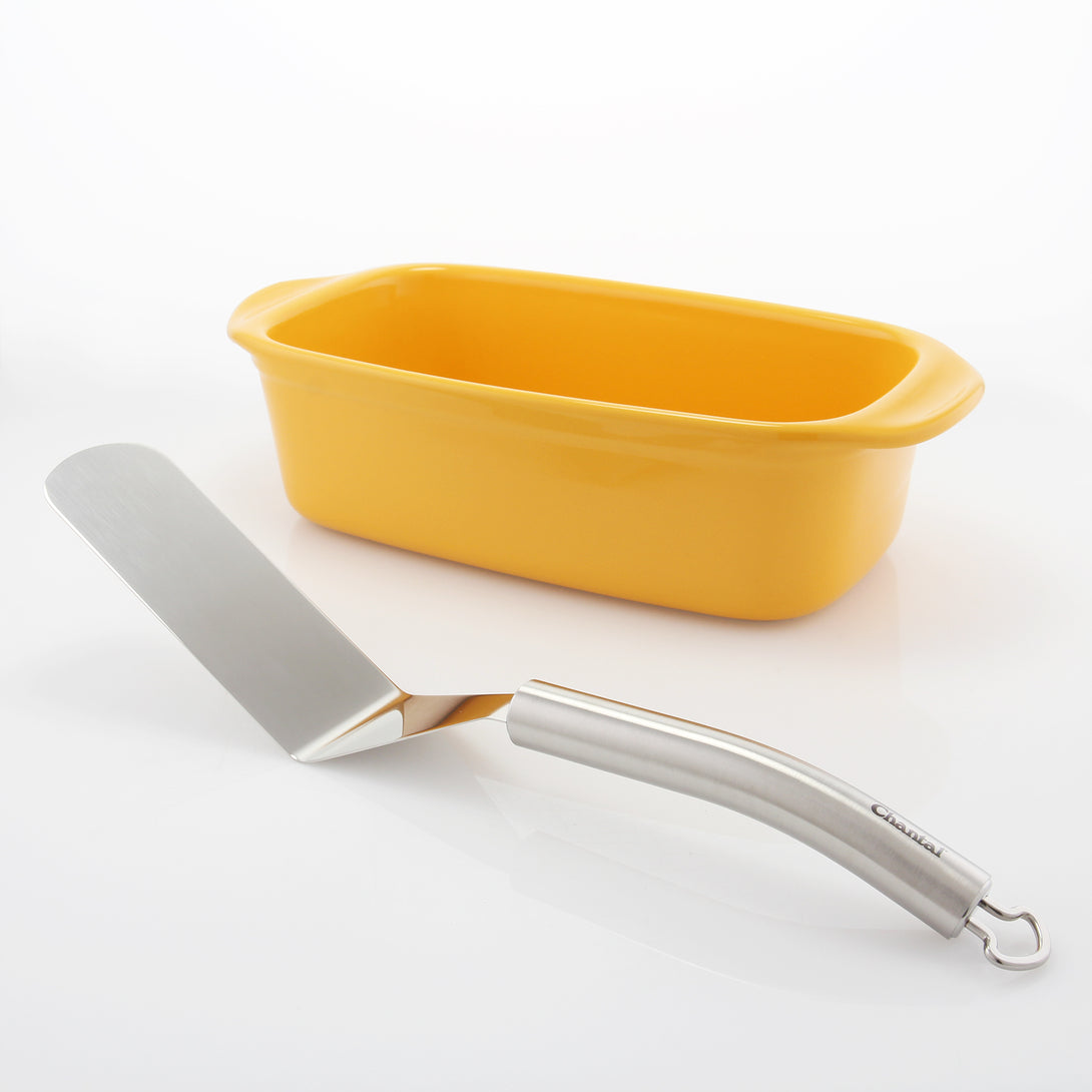 bread baking set with loaf pan and narrow spatula in marigold yellow