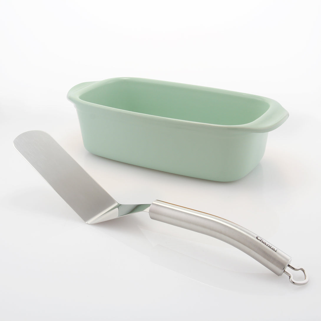 bread baking set with loaf pan and narrow spatula in sage green
