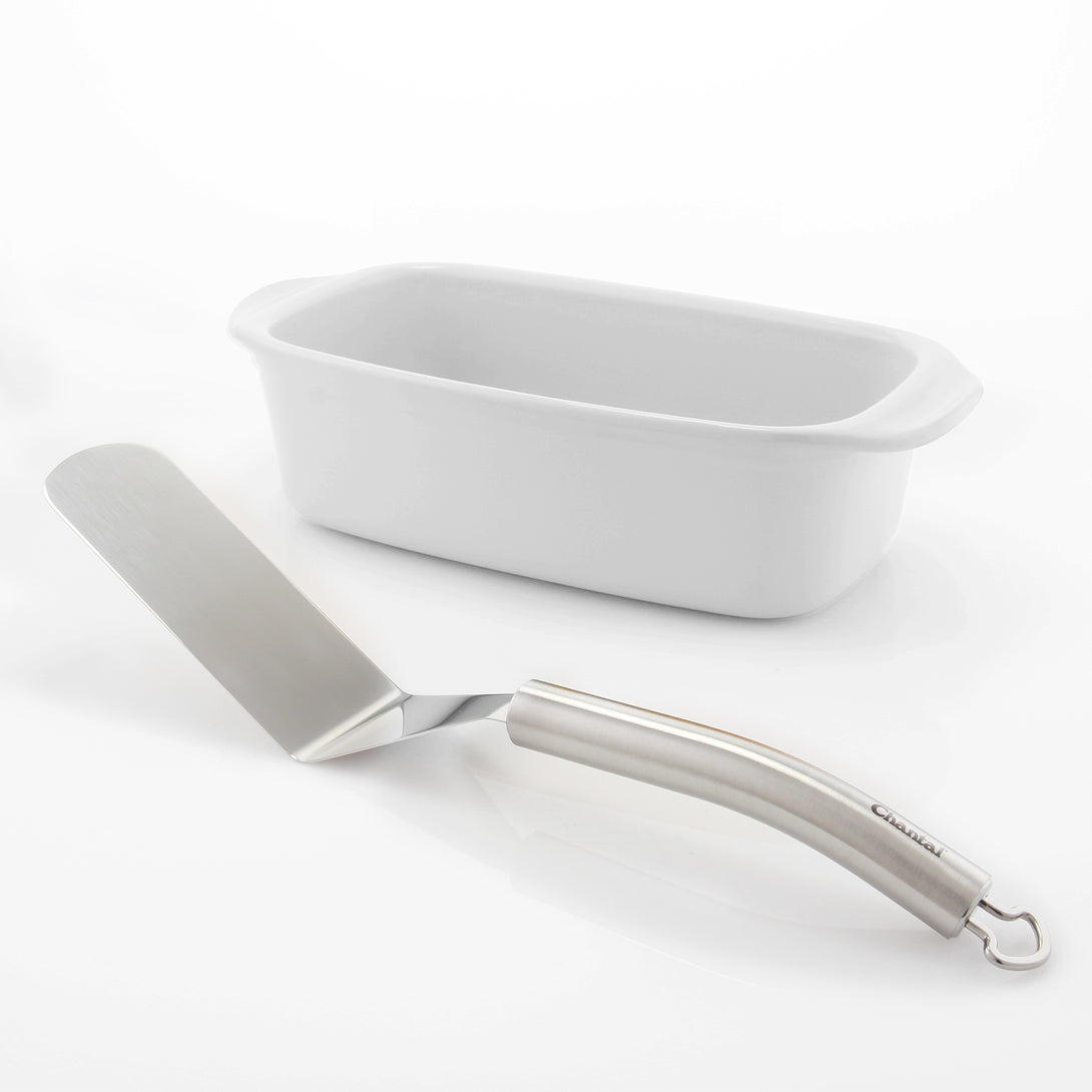 bread baking set with loaf pan and narrow spatula in white
