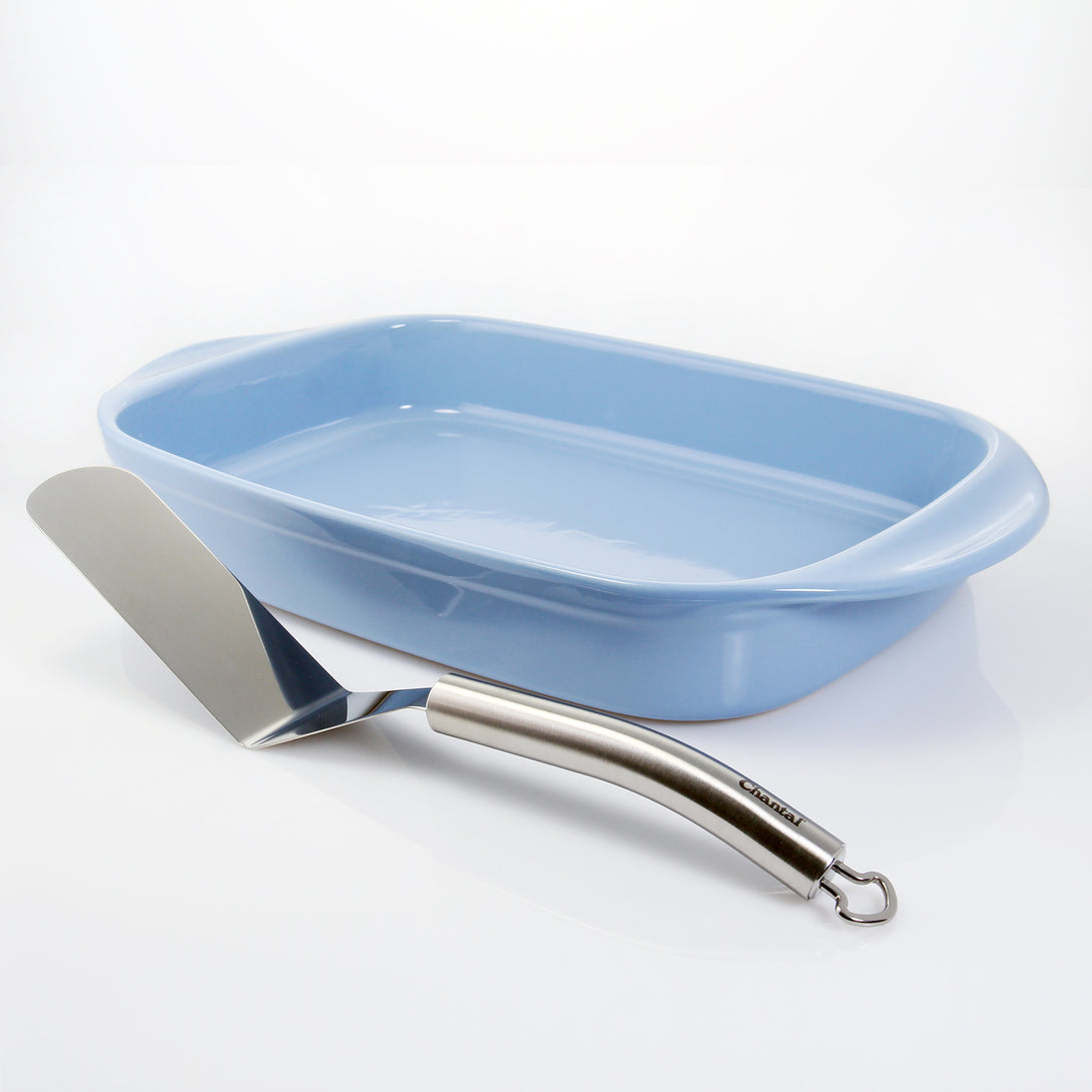 casserole set including medium rectangular baker and narrow spatula in glacier blue