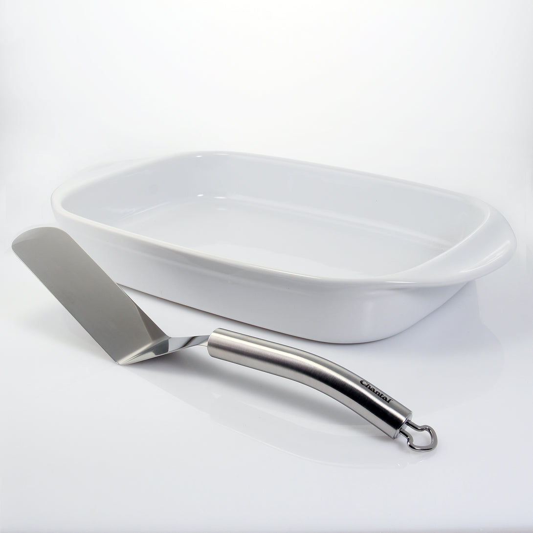 casserole set including medium rectangular baker and narrow spatula in white