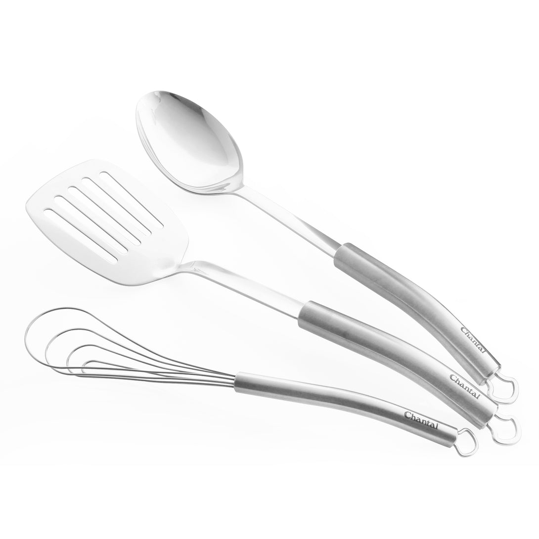 beautiful stainless steel 3 piece set of utensils that includes turner, spoon and flat whisk