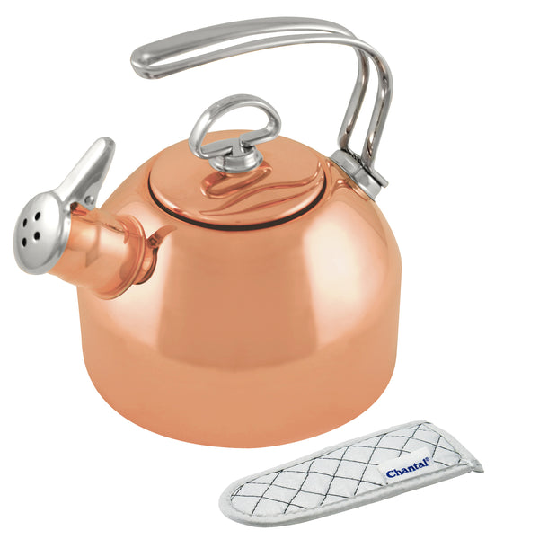 class teakettle in copper finish with handle mitt