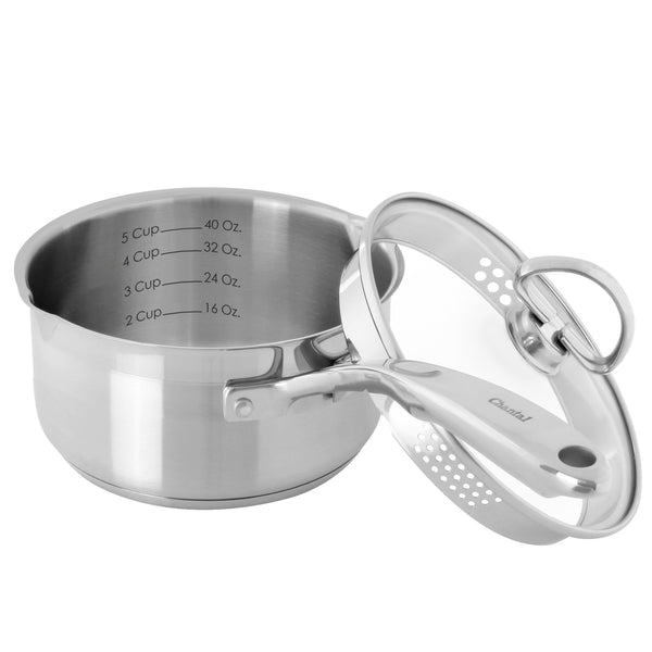 induction 21 steel saucepan with strainer glass lid 1.25 quart size