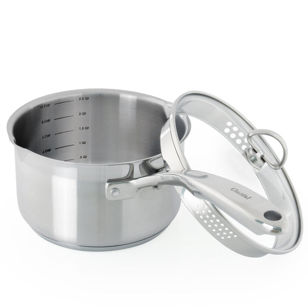 2.5 quart ID21 stainless steel sauce pan with pour spout and strainer lid