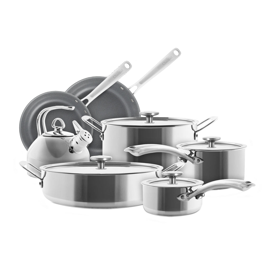 Chantal 3.Clad Tri-Ply 8 pc Set, includes 10 Open Fry Pan & 5 Qt Saute Pan  both with Fusion TI Ceramic Coating, 2.5 Qt SS Saucepan with lid, and 7 Qt