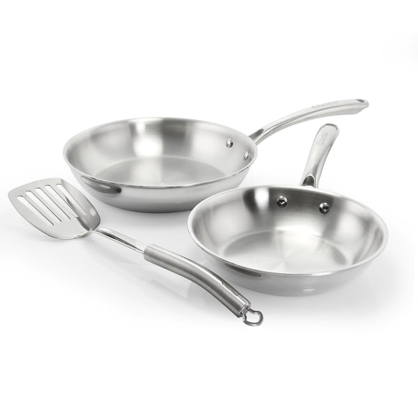 3.clad 3 piece set of 2 fry pans and slotted turner