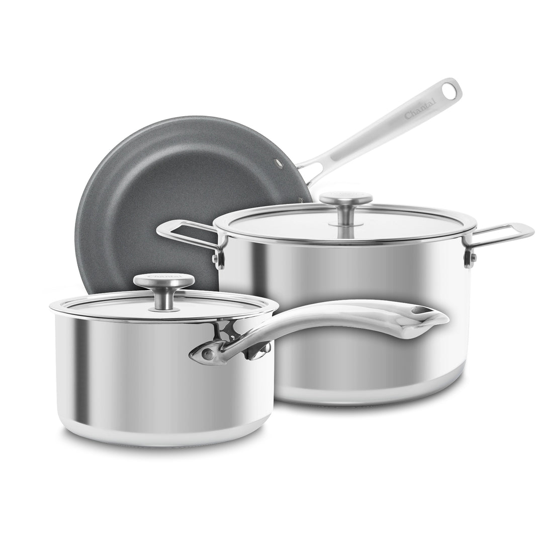 3.clad 5 piece essential set fry pan saucepan stockpot