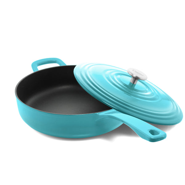 4 quart cast iron skillet with open lid in sea blue