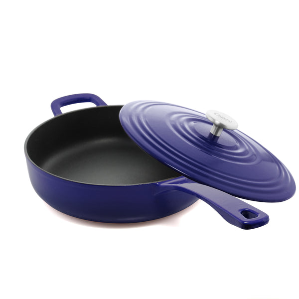 4 quart cast iron skillet with lid in blue