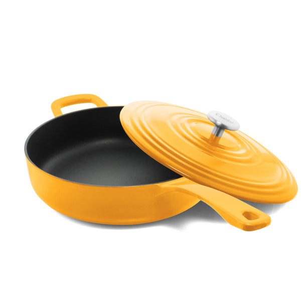 4 quart cast iron skillet with open lid in marigold color 