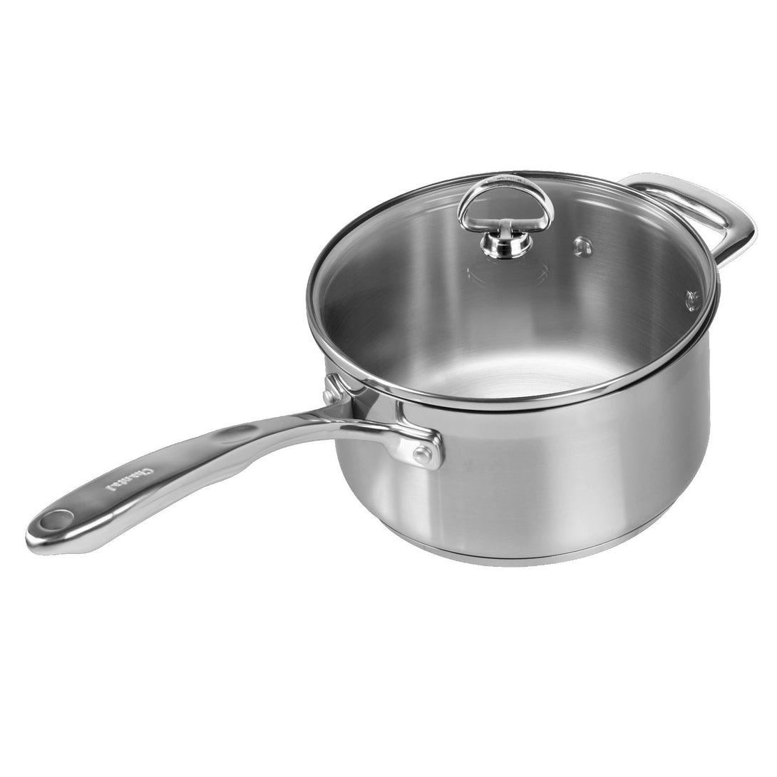 Induction 21 Steel Saucepan with Lid 3.5 Quarts on white background